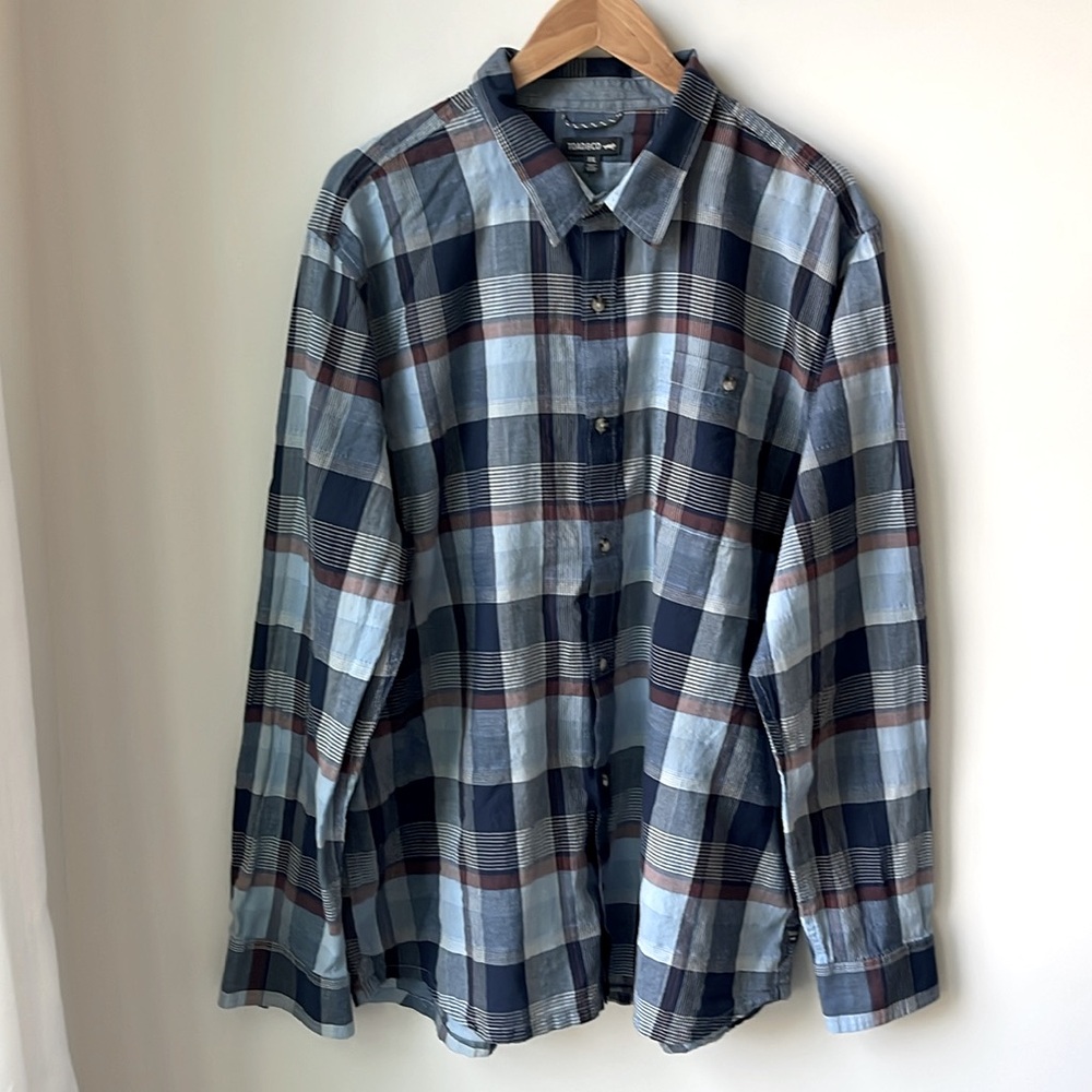 Toad&Co Mens Cuba Libre LS Button Shirt Blue Plaid Organic Cotton Size XXL